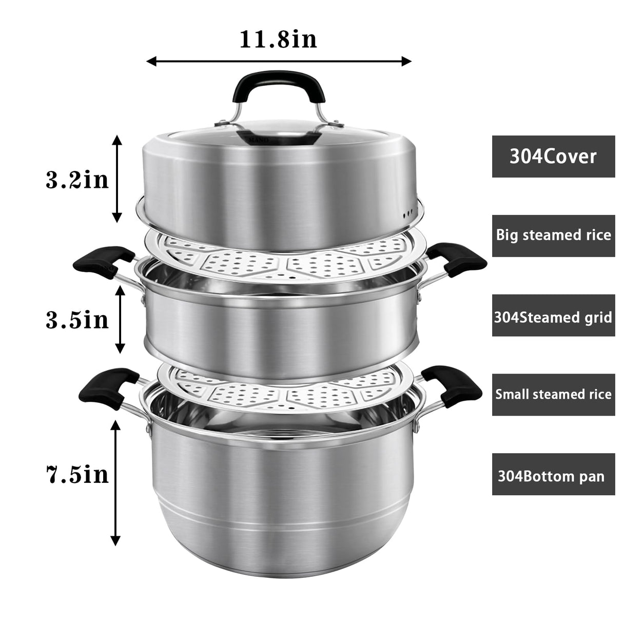 MANO Steamer Pot for Cooking 11.8 inch Steam Pots with Lid 2-tier Stainless Steel Steaming Pot Multipurpose Cookware with Handle for Vegetable, Dumpling, Stock, Sauce, Food MANO