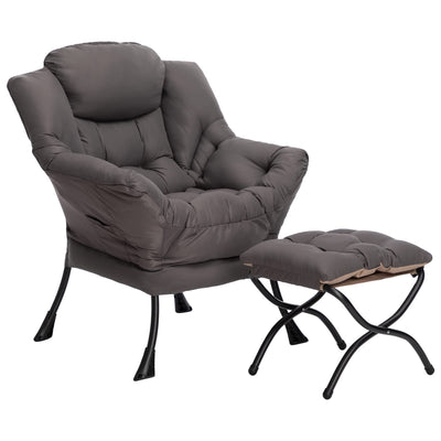 HollyHOME Fabric Lazy Chair with Foldable Ottoman, Accent Comfy Lounge Arm Chair and Folding Footrest Stool Set, Leisure Sofa Reading Chair and Footstool for Living Room, Bedroom, Dorm, Dark Grey