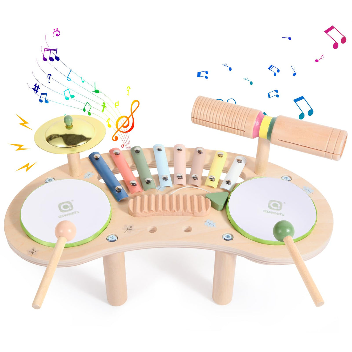 Asweets 7 in 1 Kids Drum Set for Toddlers Wooden Xylophone Musical Instruments Kit Play Set for Toddler Baby Drum Set Montessori Toys Sensory Toys Birthday Gifts for Girls Boys Asweets