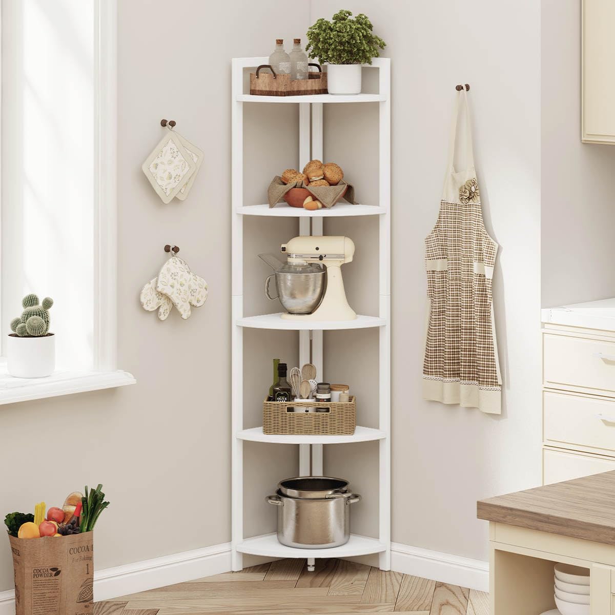 FATORRI Tall Corner Shelf, 5 Tier Modern Corner Bookshelf Stand, Wood and Metal Corner Plant Bookcase for Living Room, Home Office (White Oak) FATORRI