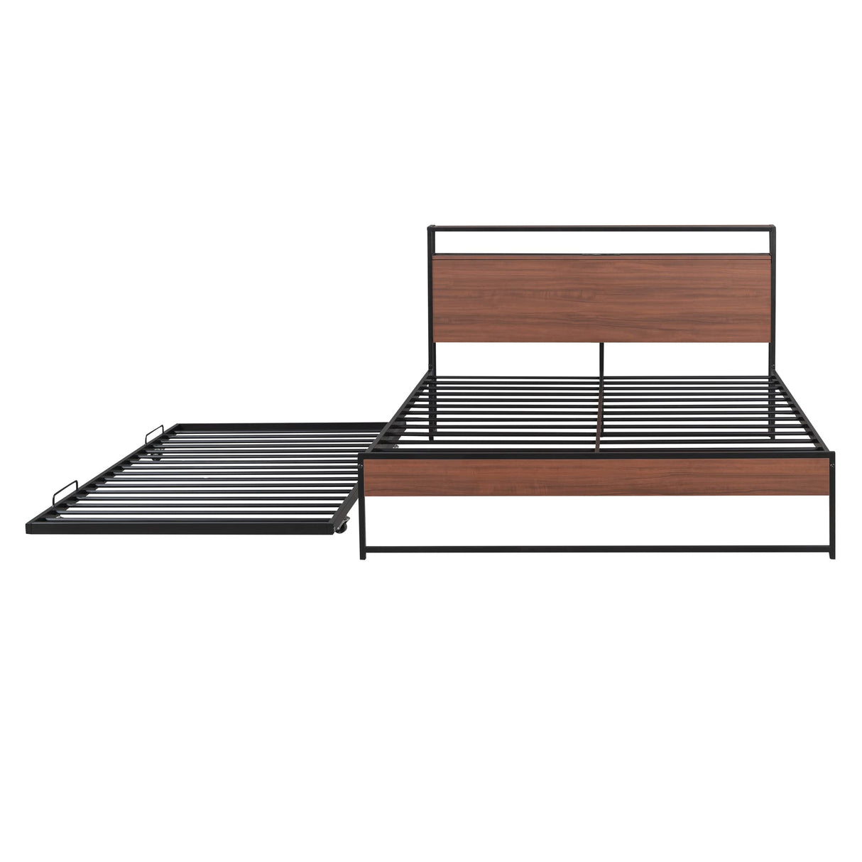 Bellemave Queen Metal Bed Frame with Trundle, USB Ports, Storage Headboard & 13 Slats, Black, No Box Spring Needed Bellemave