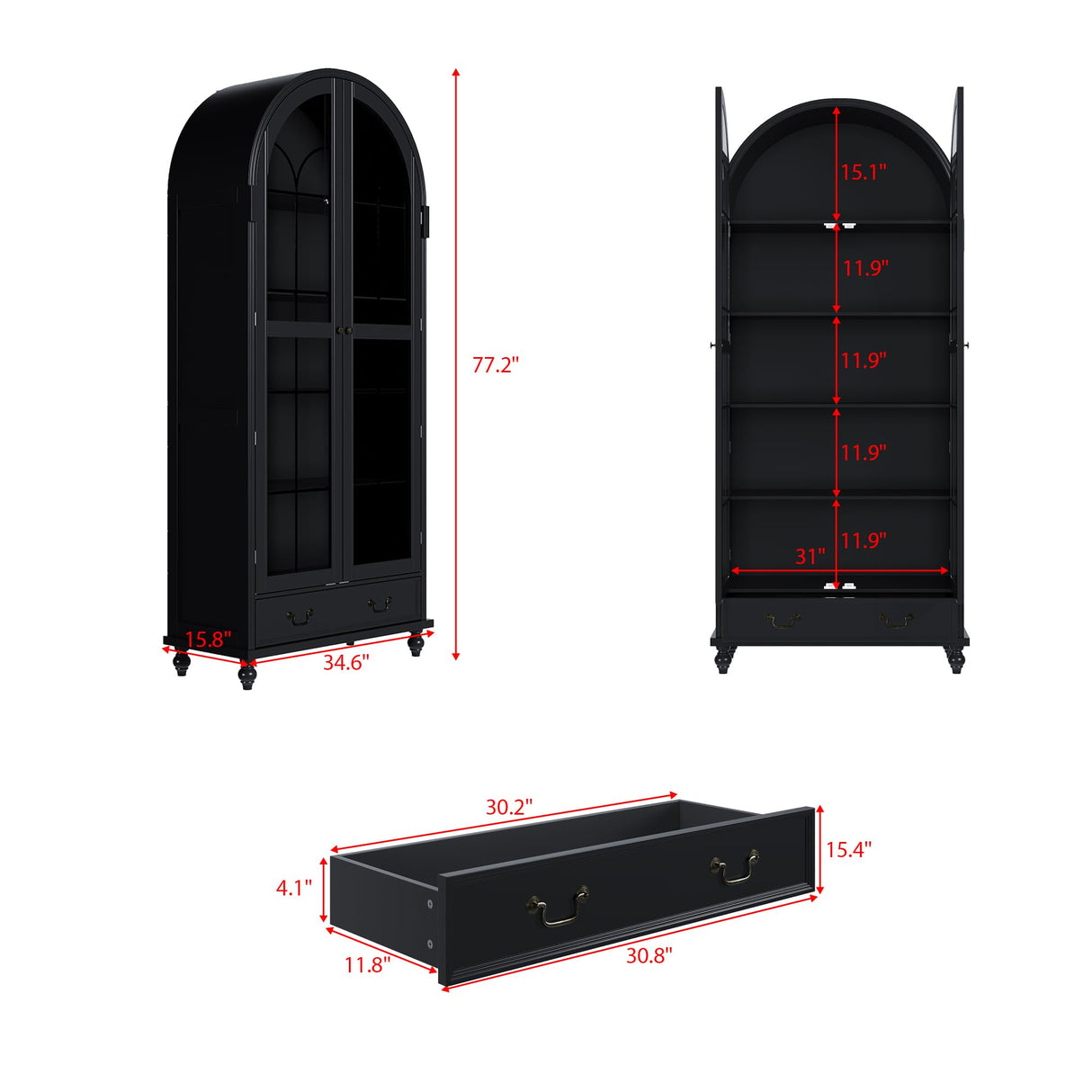 Hitow Curio Cabinet with Glass Doors, Arched Display Cabinet with Drawers & Solid Pine Legs, 34.6" W Arch Bookcase, 5-Tier Black Display Case for Collectibles, Living Room Hitow