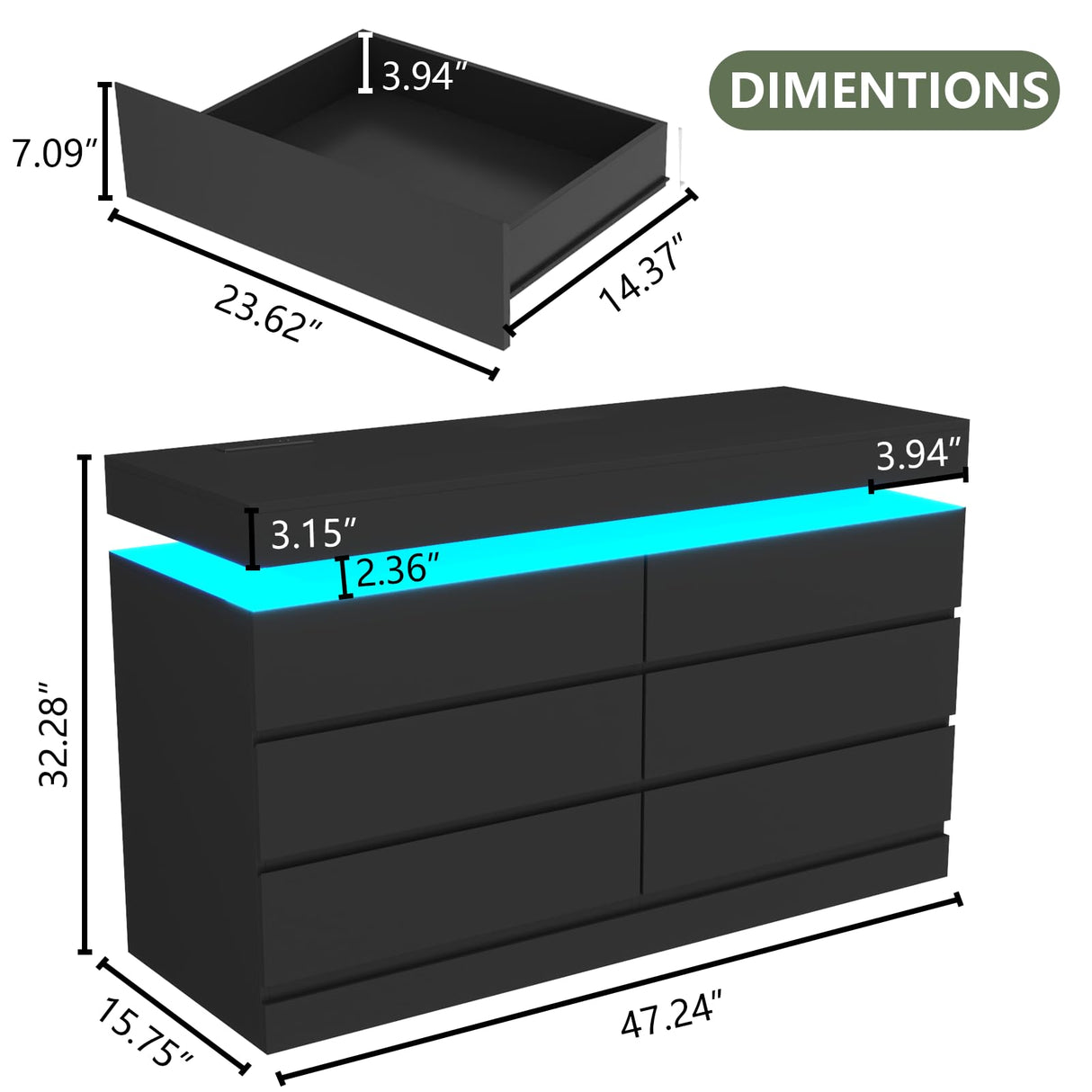 Gyfimoie 6 Drawer Dresser with Power Outlet, Black Dresser with LED Light, Modern Chest of Drawers for Closet, Double Wide Drawer Organizer Cabinet for Bedroom, Living Room, Entryway, Hallway (Black) Gyfimoie