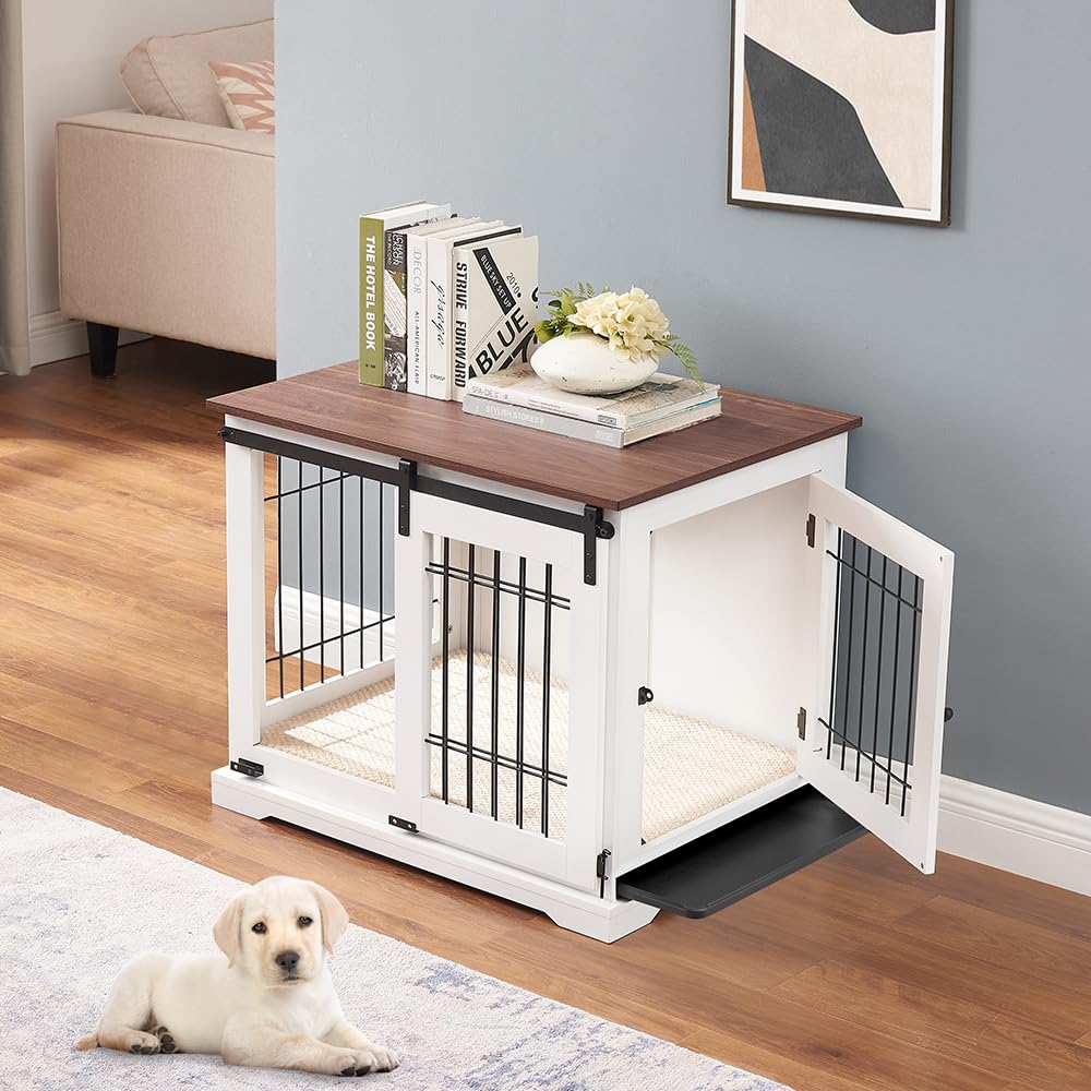 beeNbkks Dog Crate Furniture with Sliding Barn Door, Stylish Double Doors Wooden Kennel with Tray and Cushion, Decorative Indoor Pet House Side End Table for Medium Large Dogs beeNbkks
