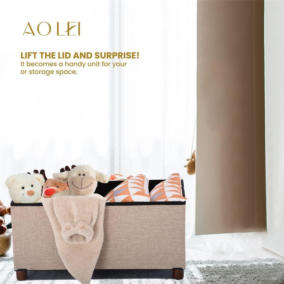 Ao Lei 30 Inches Storage Ottoman Bench, Storage Bench with Wooden Legs for Living Room Ottoman Foot Rest Removeable Lid for Bedroom End of Bed, Linen Fabric, Folding Beige Ottoman Ao Lei