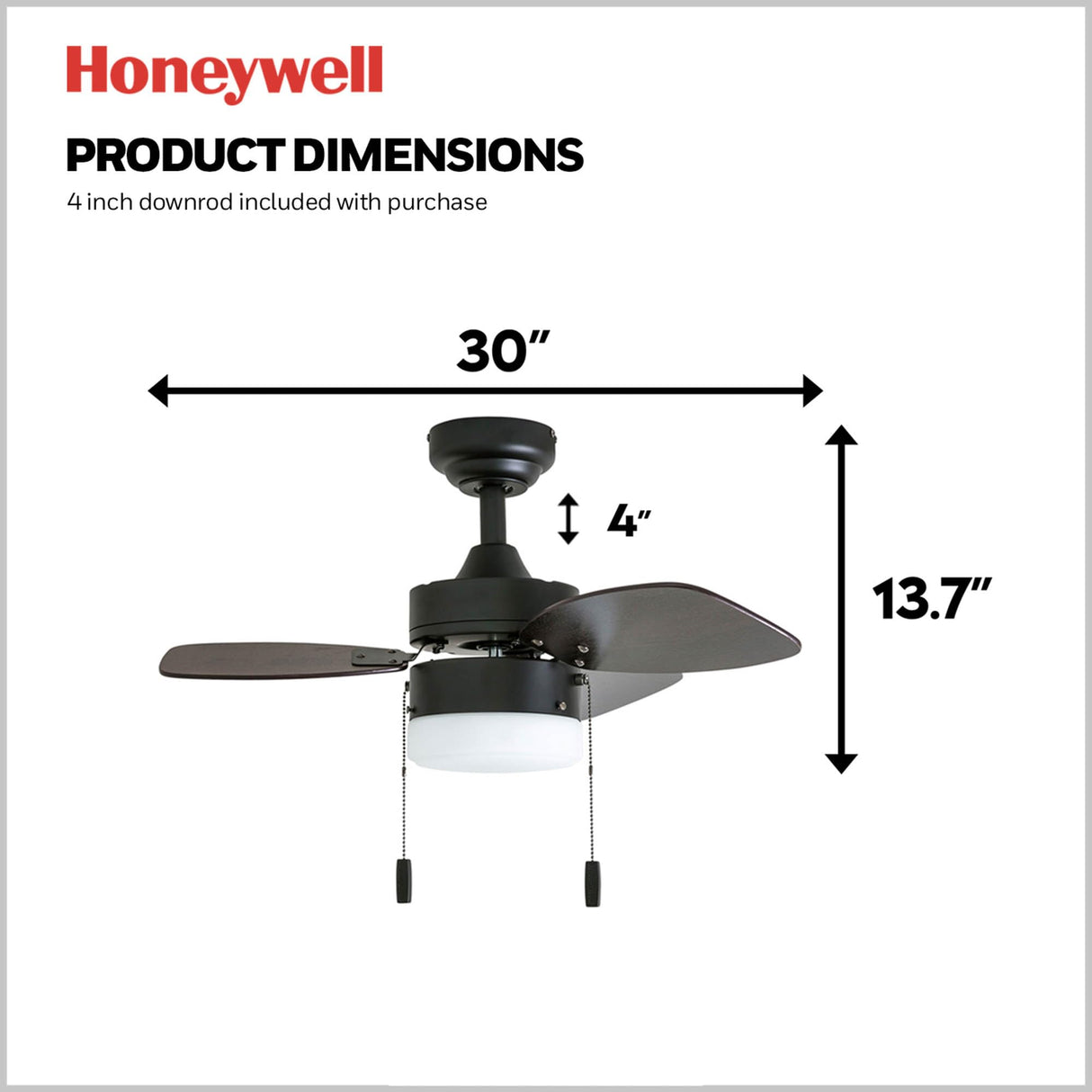Honeywell Ceiling Fans Ocean Breeze Modern 30 Inch Ceiling Fan with Light, Pull Chain LED Indoor Fan with 3 Blades, Dark Brown Chestnut and Light Oak Blade Finish Options, Gilded Espresso (50602-01) Honeywell Ceiling Fans