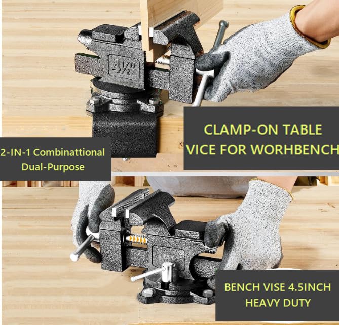 Bench Vise 4-1/2in Multi-Purpose Bench Vice Clam on Vise, Heavy Duty Cast Iron Bench Clamp with Anvil-Multi-Jaw Swivel Base - Bnech Vice for Workbench, Woodworking, Workshop DIY TRUSBEE
