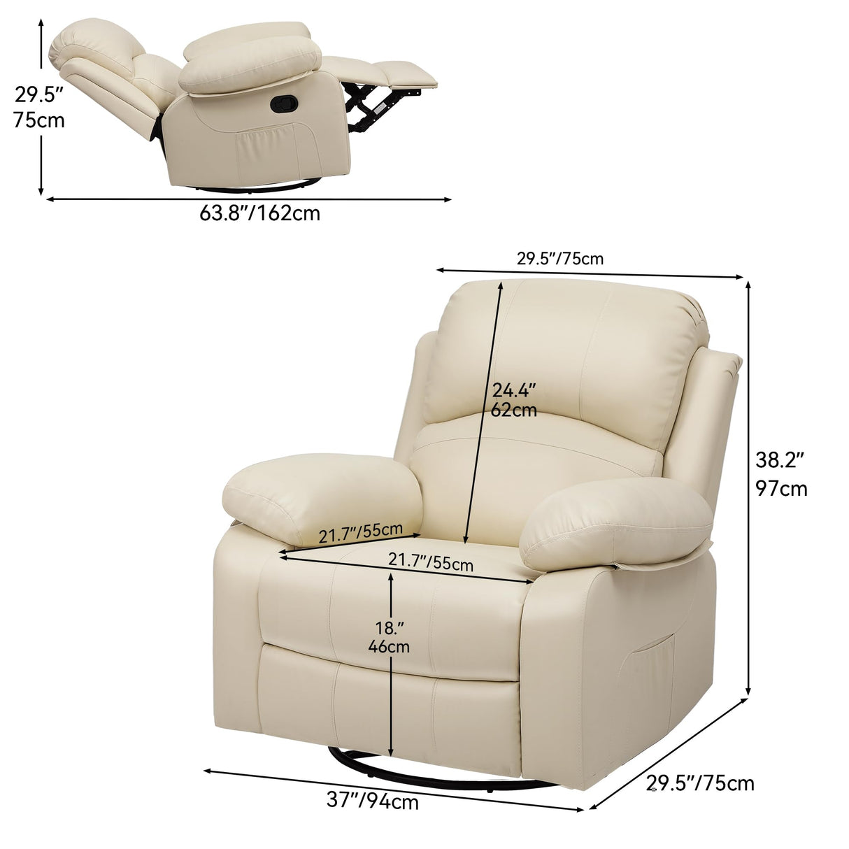 DWVO Rocker Recliner Chair with Heat and Massage, Manual Reclining Chair with Overstuffed Armrest, Rocking Function and Side Pocket, Faux Leather Recliner for Living Room,Brown, Biege DWVO