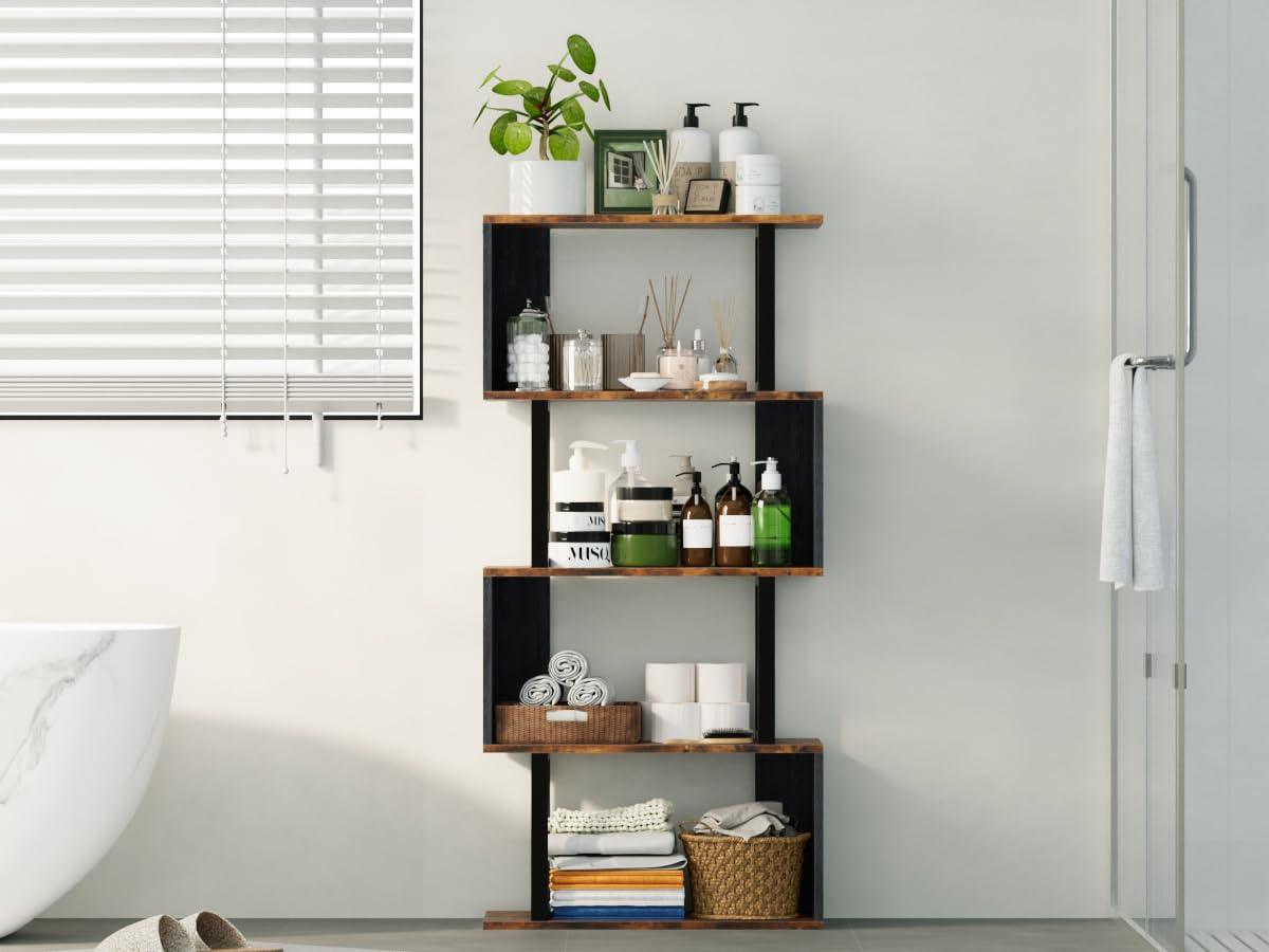 ALISENED 5 Tier Bookshelf, S Shaped Geometric Bookcase, Narrow Freestanding Display Shelves, Modern Wood Decorative Storage Rack for Bedroom, Living Room, Home Office, Black 5-Tier ALISENED