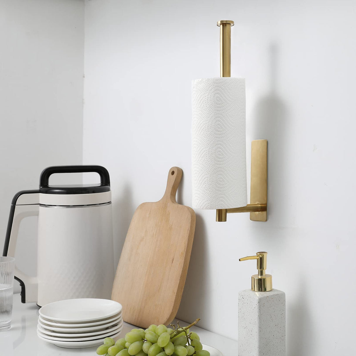 theaoo Gold Paper Towel Holder for Kitchen, Adhesive Under Cabinet Paper Towel Roll Rack for Bathroom Towel, Wall Mounted Matte Black, SUS304 Stainless Steel theaoo
