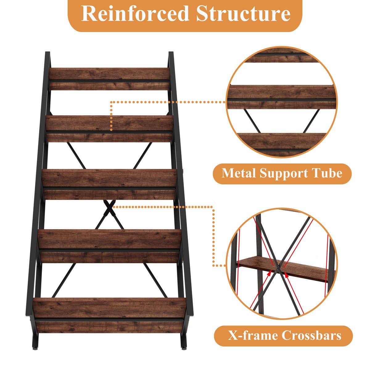 BON AUGURE Rustic Oak 5-Tier Industrial Ladder Shelf Bookcase BON AUGURE