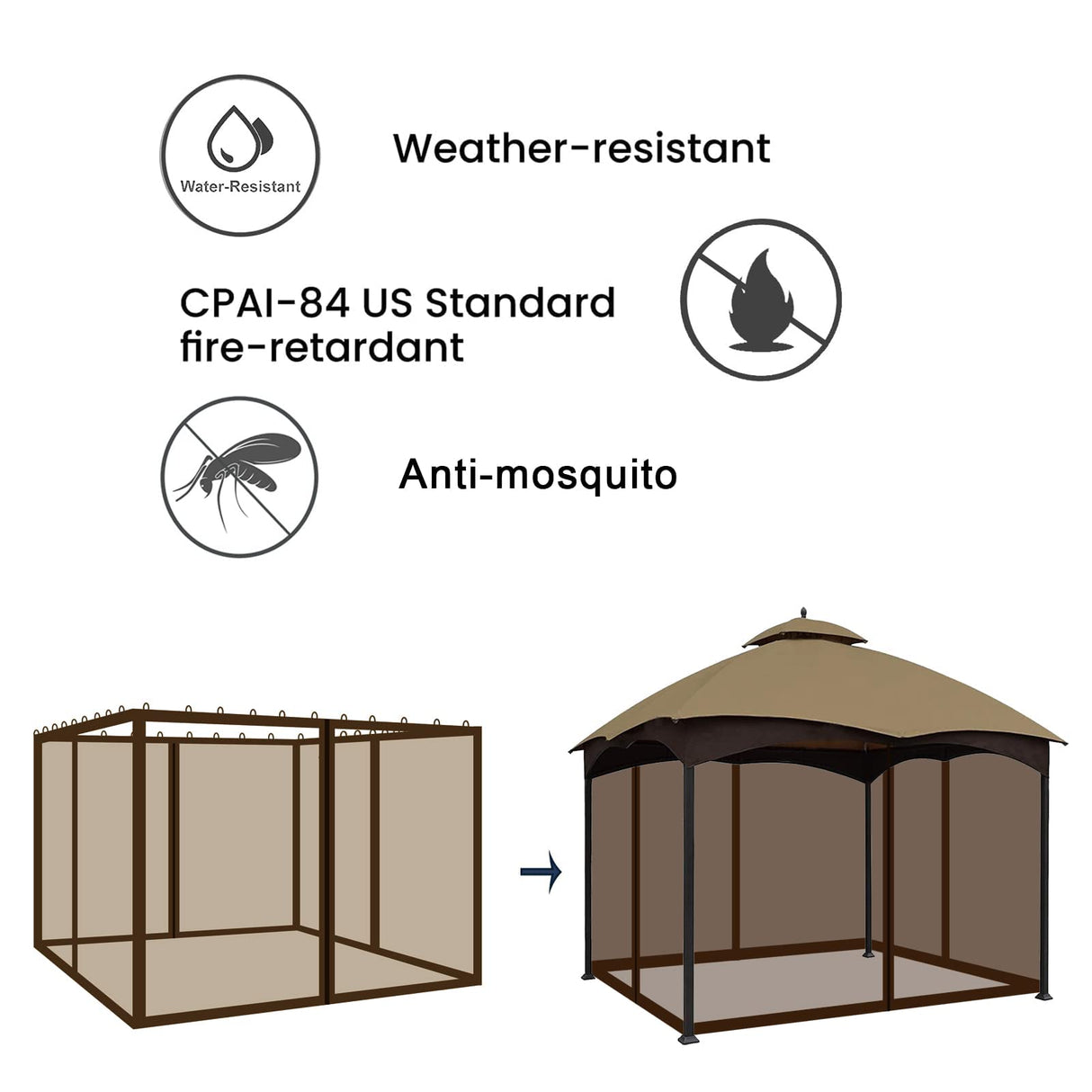 Tanxianzhe 10'x12' Gazebo Replacement Mosquito Netting 4-Panel Patio Screen Walls with Zipper (Brown) Tanxianzhe