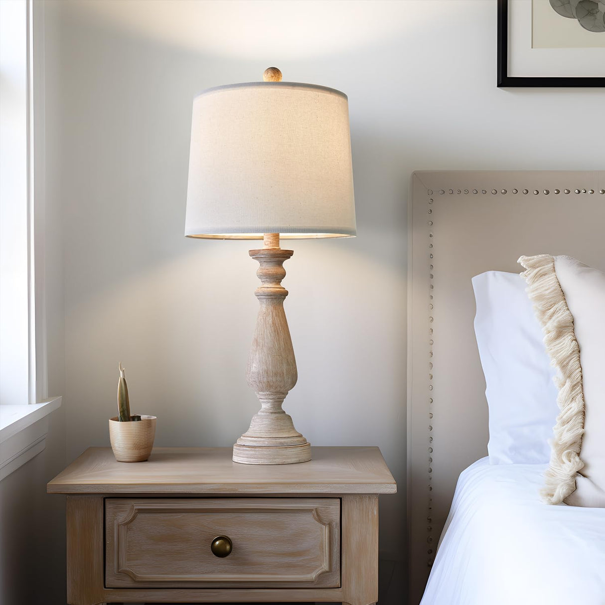 PORTRES 24.5" Mid Century Table Lamp Set of 2 for Living Room Farmhouse Linen Bedside Lamps for Bedroom Kids Room Dorm Office Rustic Lamps for End Table Nigntstand Resin PORTRES