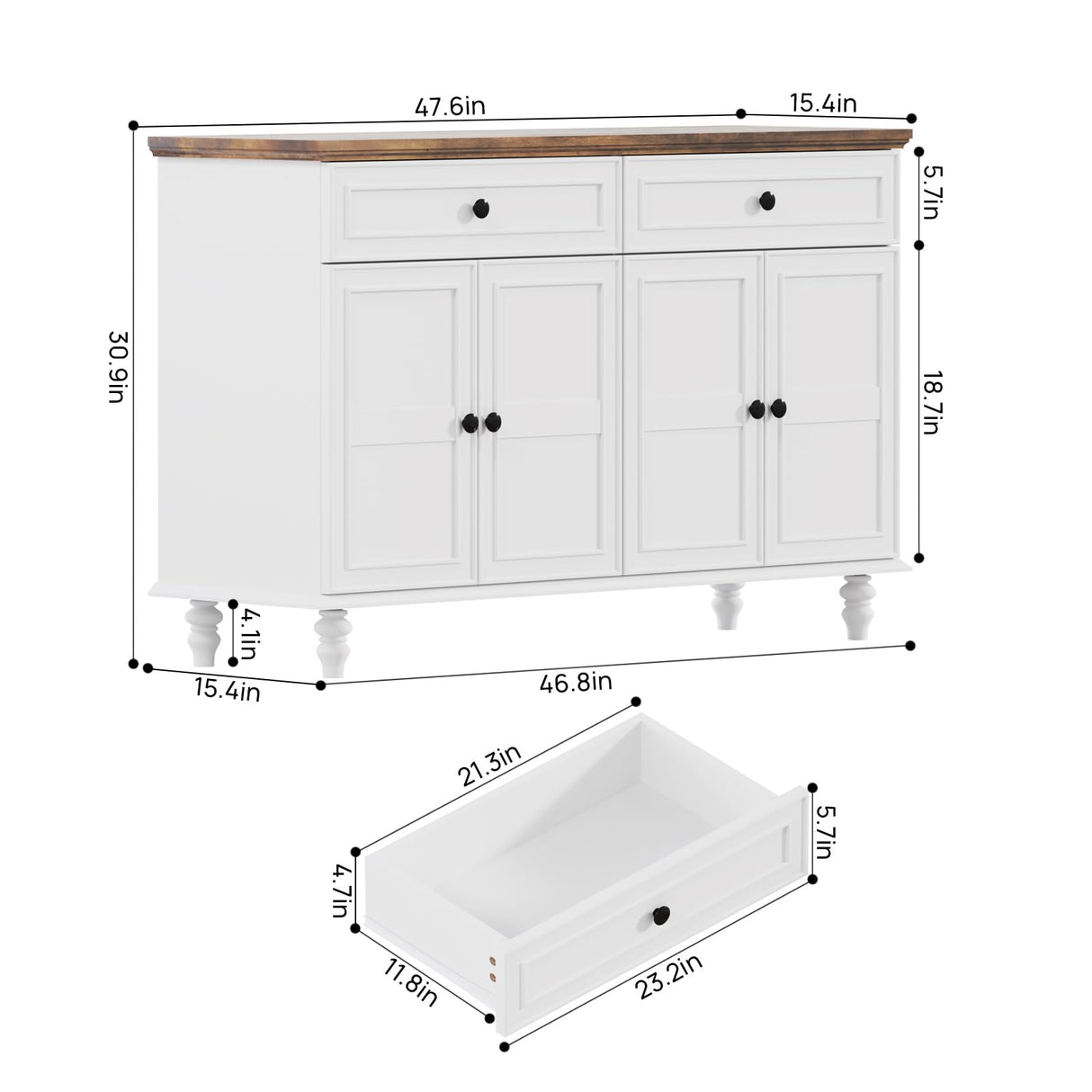 Farmhouse Buffet Cabinet with Storage, 47.6" Buffet Sideboard with 2 Drawers and 4 Doors, Wooden Kitchen Storage with Adjustable Shelves, Rustic Top Console Table for Dining Room, Kitchen or Entryway PROXRACER