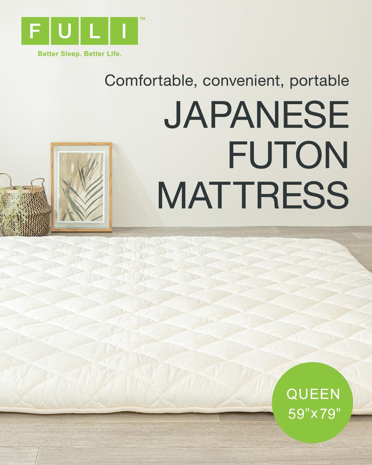 FULI Japanese Futon Mattress, Foldable & Portable Floor Lounger Bed, Roll Up Sleeping Pad, Shikibuton, Made in Japan (White, Queen) FULI