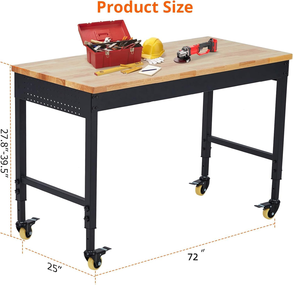 TrailBlaze 72" x 25" Workbench, Heavy Duty Rubber Wood Top Workbench with Power Outlet & 4 Lockable Wheels, Adjustable Height Work Table for Home Garage Workshop - 2000lbs Load Capacity TrailBlaze