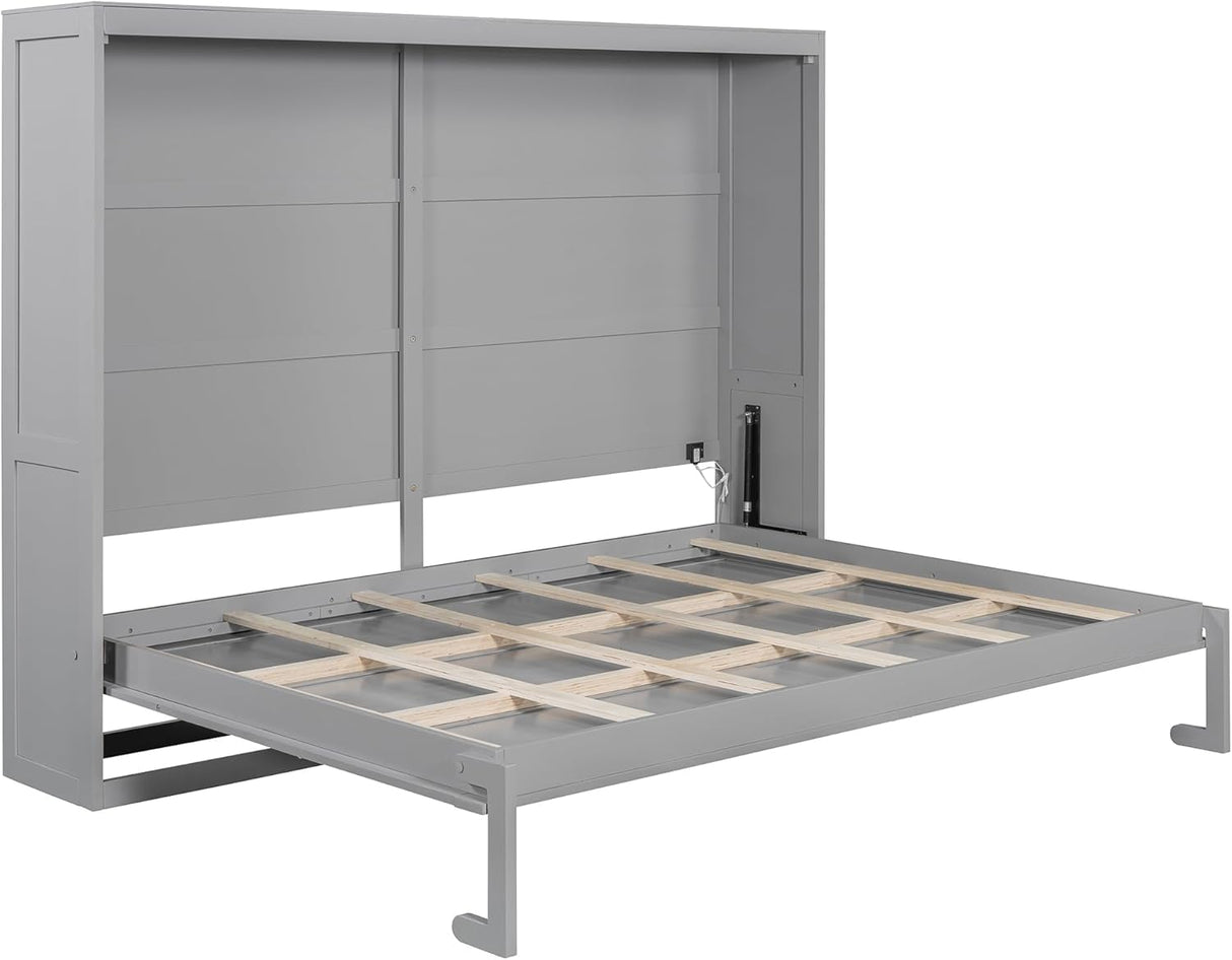 Virubi Queen Horizontal Fluted Murphy Bed with LED Lights,Wood Folding Hideaway Murphy Chest Bed for Adult Guest Room Living Room Bedroom (Grey) Virubi