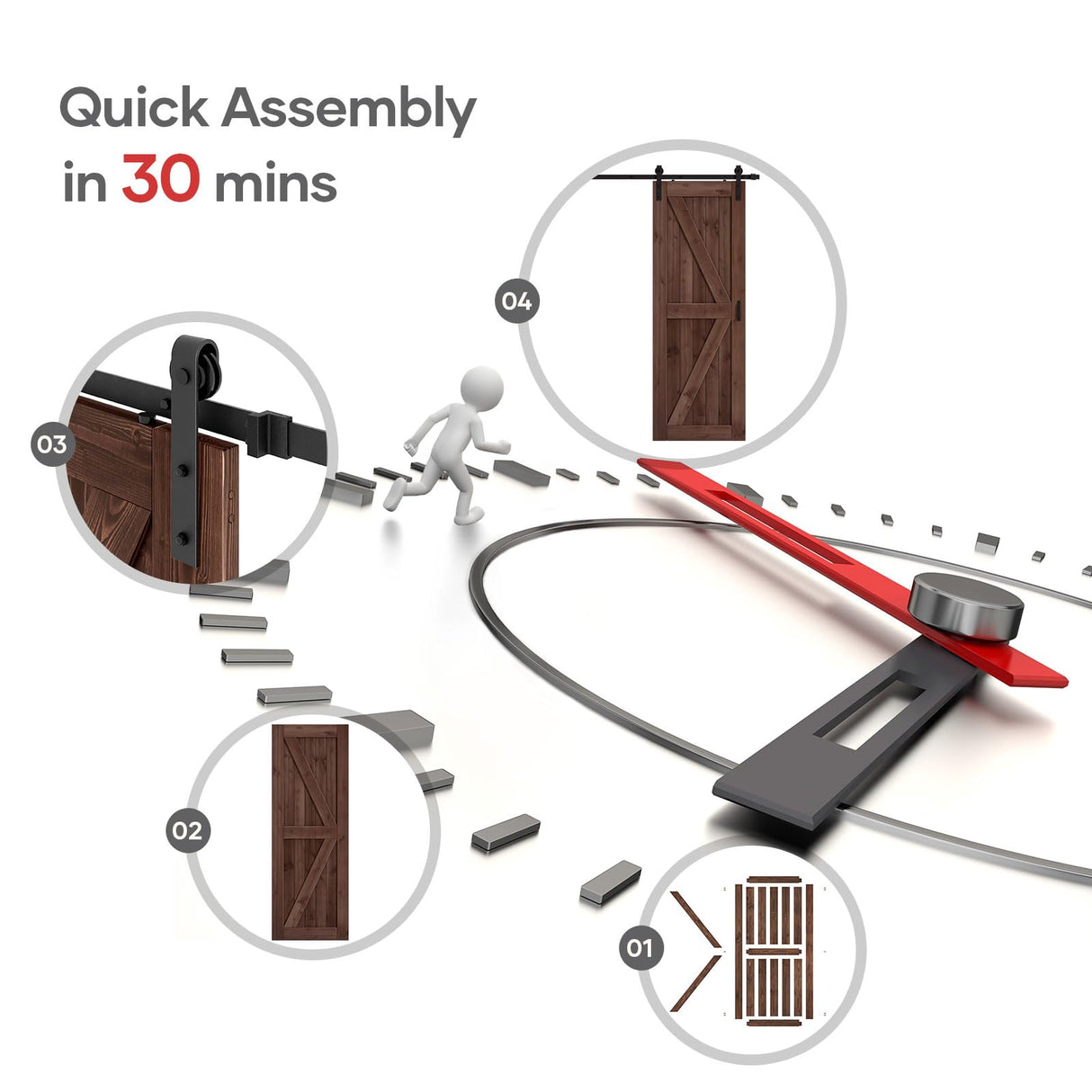 ROYMELO 30x84 inch Sliding Barn Wood Door Slab with 5ft Hardware Kit and Handle, Coffee, K Shape, Simple DIY Assembly ROYMELO