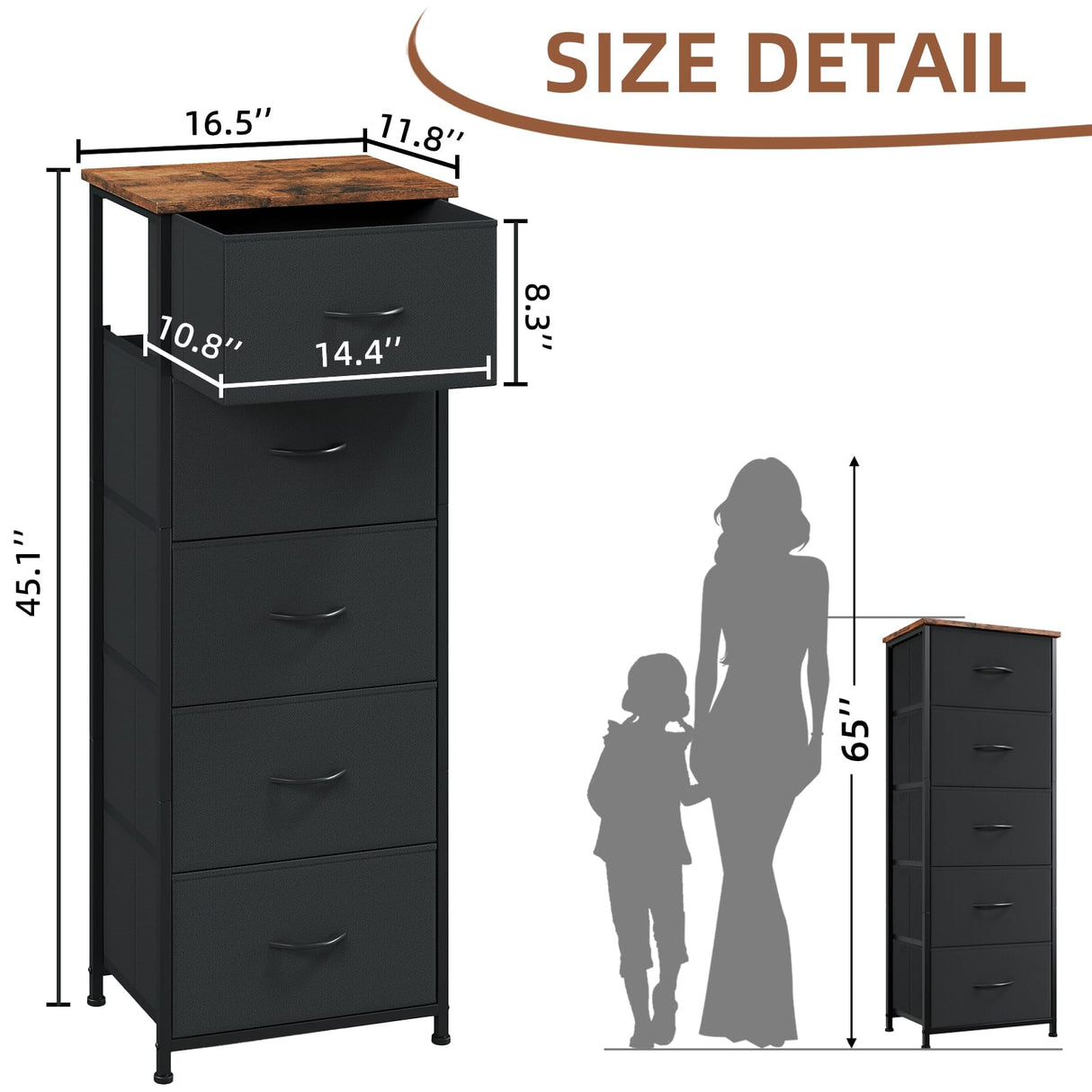 Somdot Dresser for Bedroom,Chest of Drawers Storage Organizer,Steel, MDF,Non-Woven Fabric Drawers,Closet Bedside Living Room Entryway Hallway,11.8"D x 16.5"W x 45.1"H (5 Drawers) Black Rustic Brown,1 Somdot