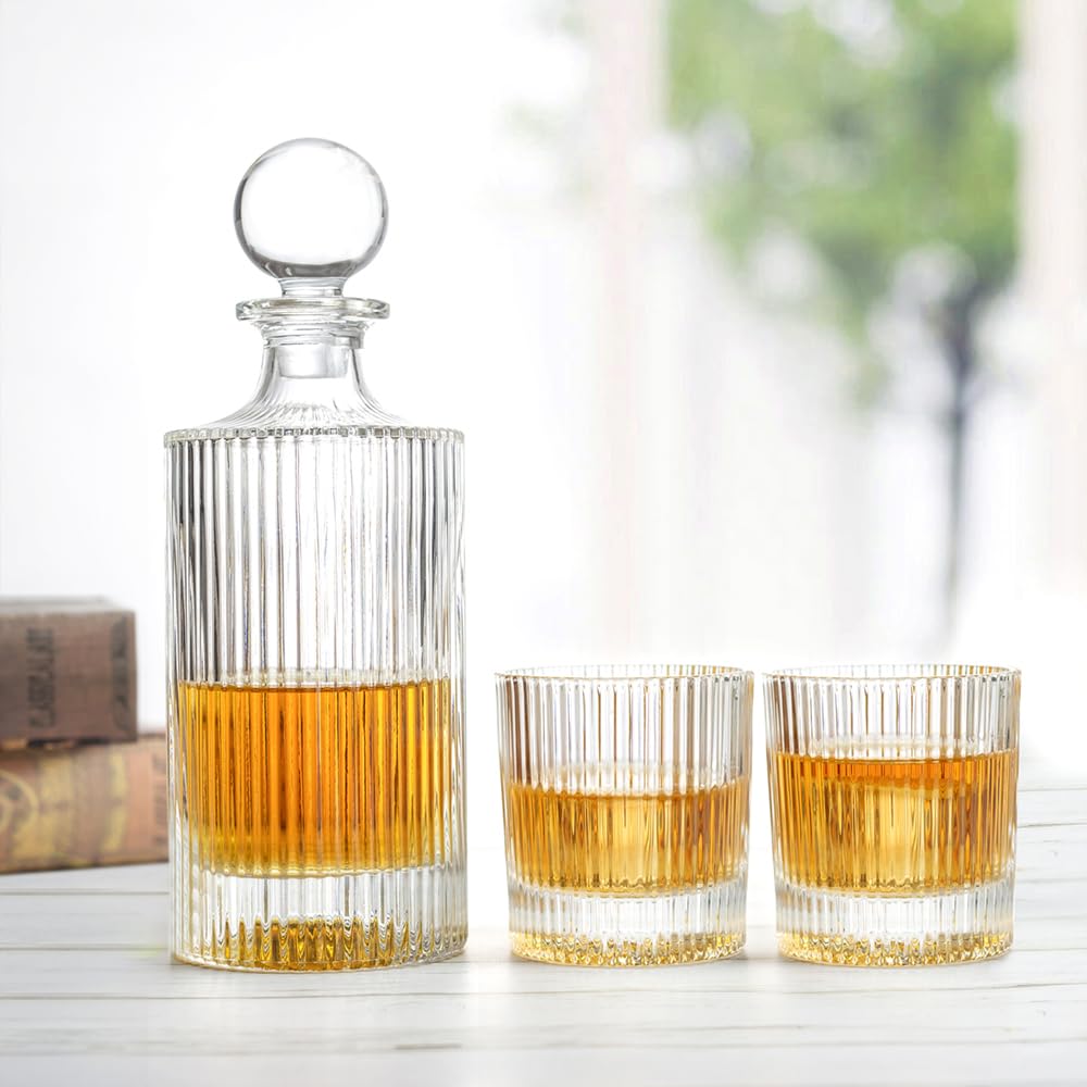 27Oz Whiskey Liquor Decanter Ribbed Set in Box,Decanter Set with 2 Glasses,Idea for Scotch Liquor,Whiskey Wine Decanter Suit for Men and Women Father Coworkers QUEEN&STONE LEAD FREE