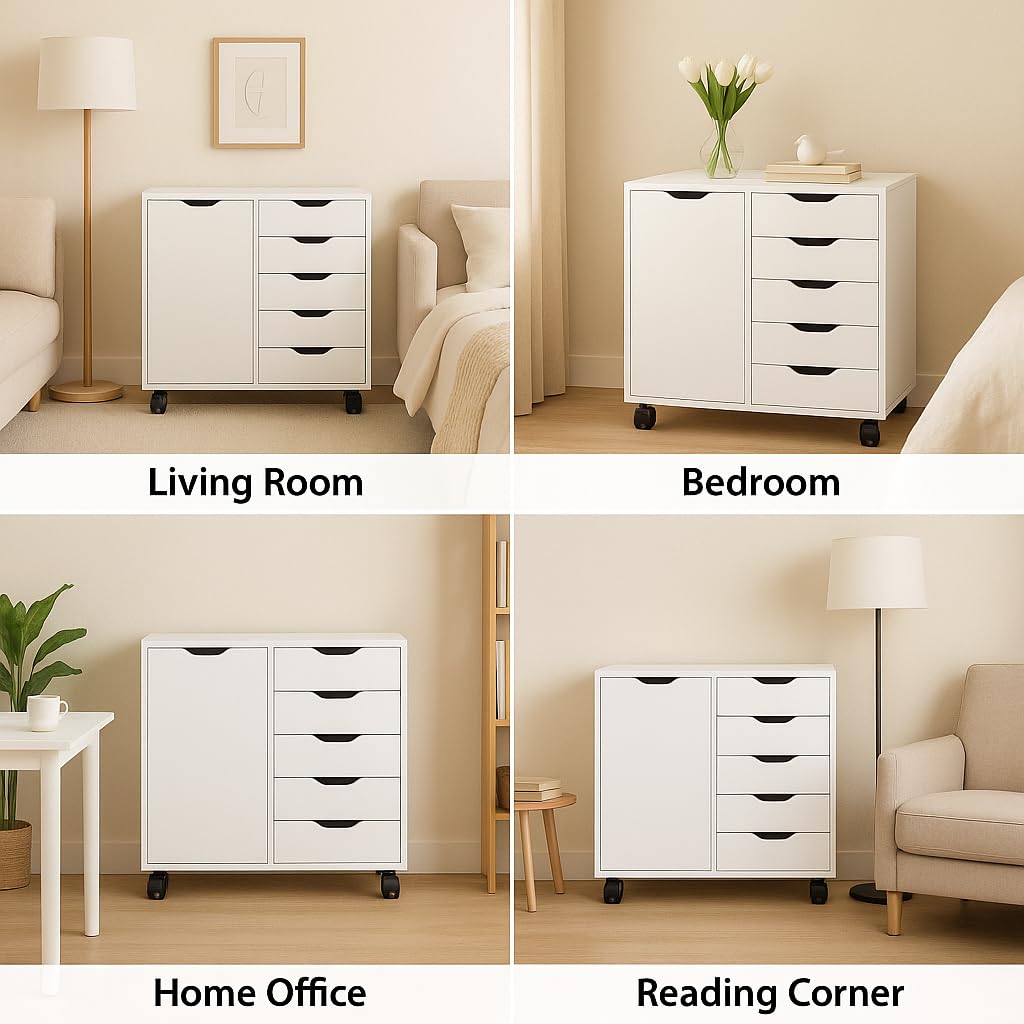 5-Drawer Dresser with 2-Shelf Cabinet, White, Smart Storage, Streamlined with Adjustable Dividers, Lockable Casters & Smooth Slides; Multi-Use Rolling Storage for Office, Craft Room, Bedroom Naomi Home