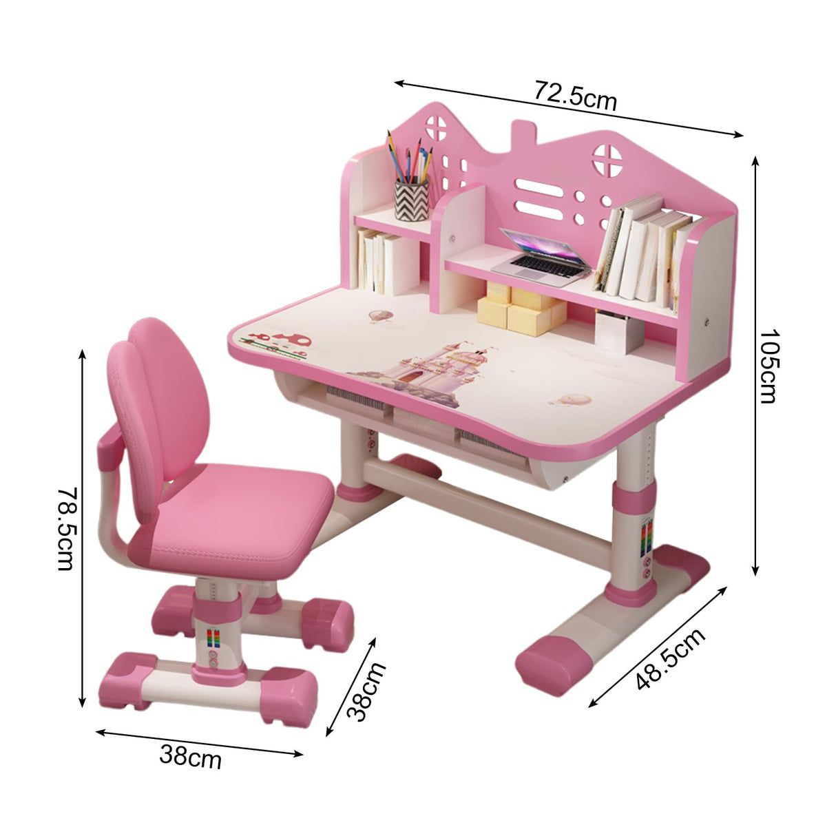 Small Standing Desk and Chair Set - Widened Desktop With Multi Separation Cartoon Pattern, Kids Adjustable Height Study Table With Drawer (Pink) Cuteam