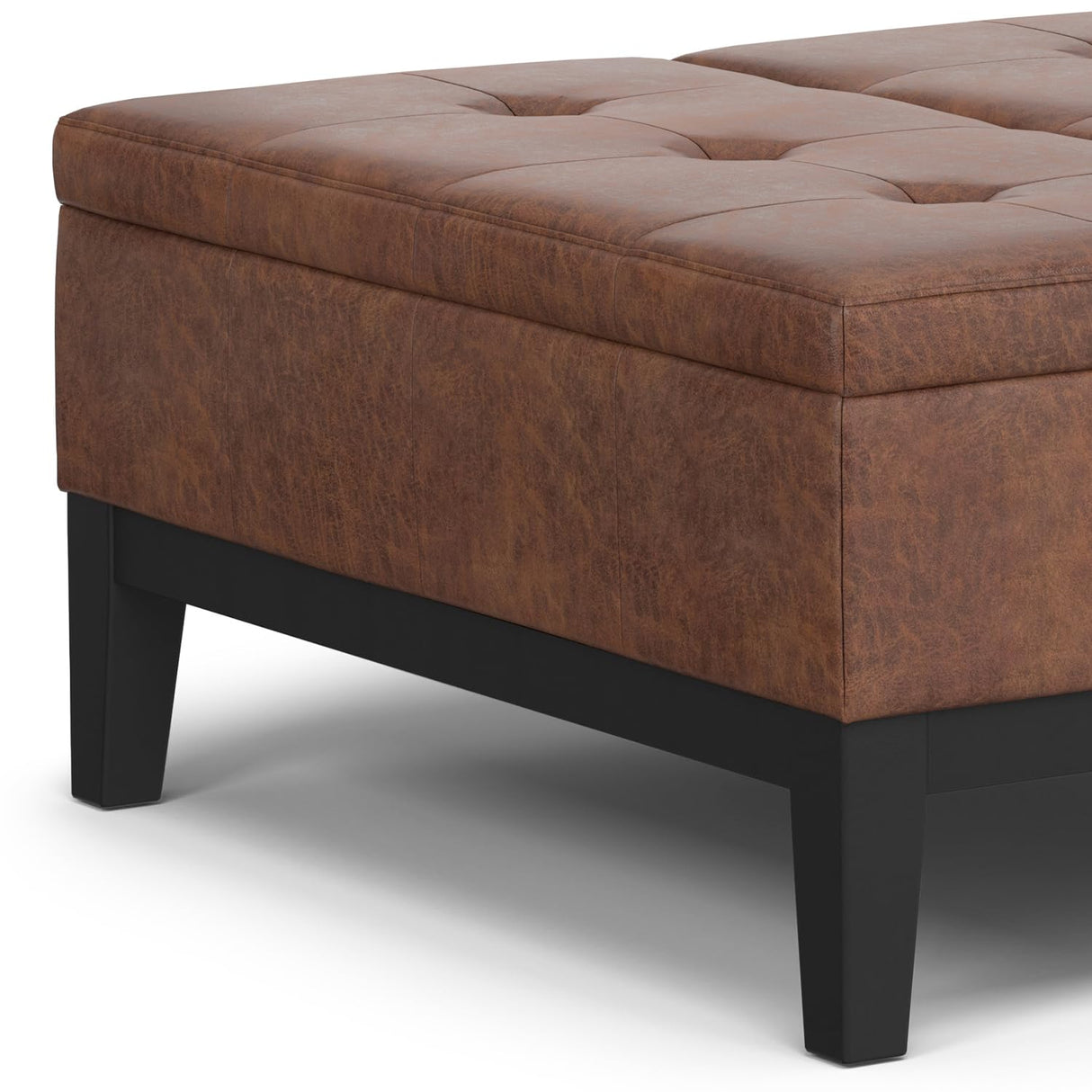 SIMPLIHOME Dover 36 inch Wide Contemporary Square Lift Top Coffee Table Storage Ottoman in Distressed Saddle Brown Vegan Faux Leather, Assembled, for The Living Room, Entryway and Family Room SIMPLIHOME