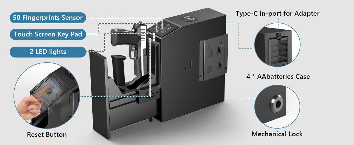 NIANPU Bedside Biometric Gun Safe for Handgun-Quick Access Pistol Safe with Fingerprint,PIN&Key-Sliding Gun Lock Box with Wireless Charging-Mounted Handgun Safe for Nightstand NIANPU