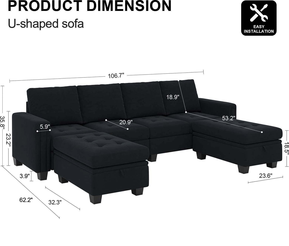 Belffin Velvet U Shaped Sectional Sofa Couch with Storage Ottoman Convertibel Sectional Sofa with Reversible Chaises Black Belffin