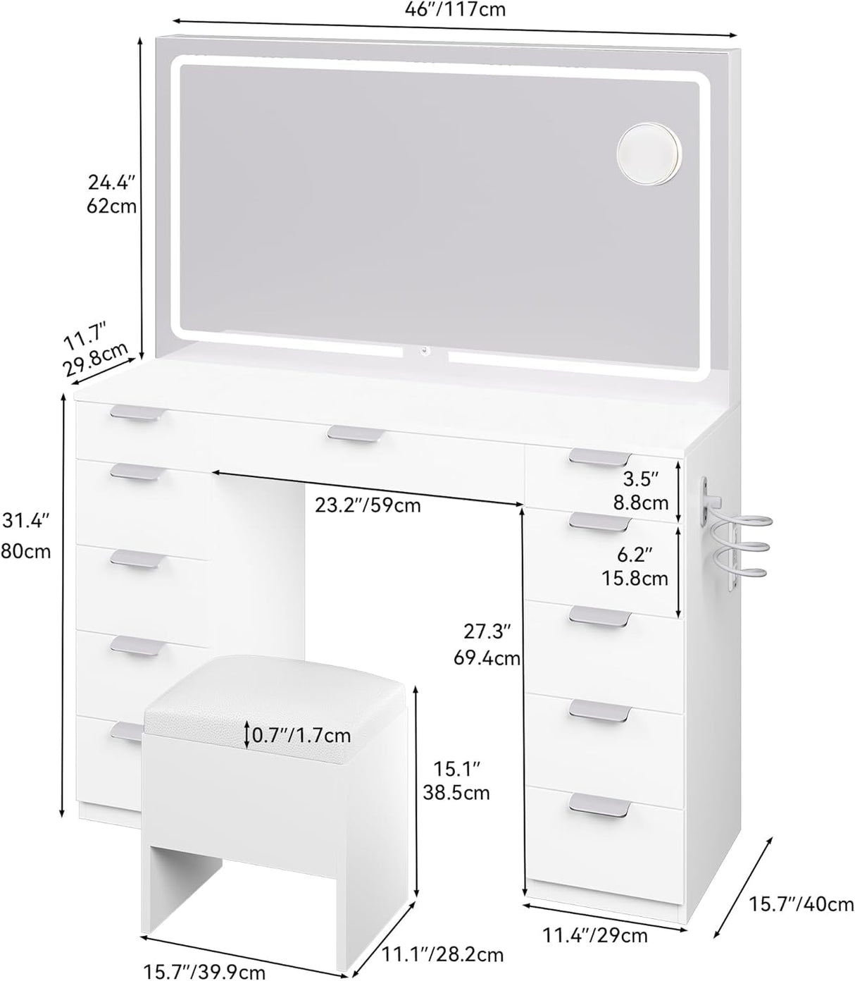 YITAHOME 46'' Vanity Desk with Large LED Lighted Mirror & Charging Ports, 11-Drawer Makeup Table Set with Storage Stool for Dressing Room, 3 Lighting Modes Brightness Adjustable, White Finish YITAHOME