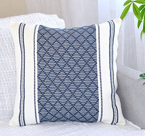 Oveesha Cotton Woven Designer Throw Pillow Cover (Color: Navy Blue/Cream White, 20 x 20 inches) Single Piece/Square Geometric Cushion Cover Oveesha