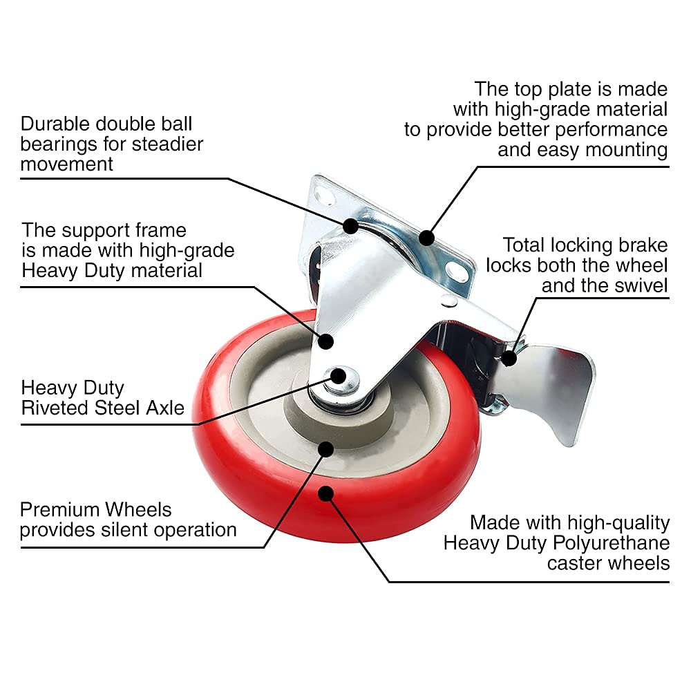 8 Pack 5 Inch Combo Caster Swivel Plate 4 w/Brake & 4 Plate Heavy Duty on Red PU Wheels with Heavy Duty Screws FactorDuty