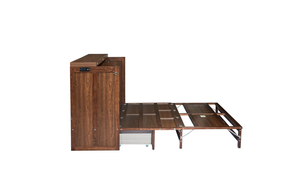 PVWIIK Queen Size Multi-Functional Bed Frame with Drawer and USB for Girls/Boys,Home Office, Studio,Bedroom,Cabinet Murphy Bed w/Plank Support,No Box Spring Needed, Walnut PVWIIK