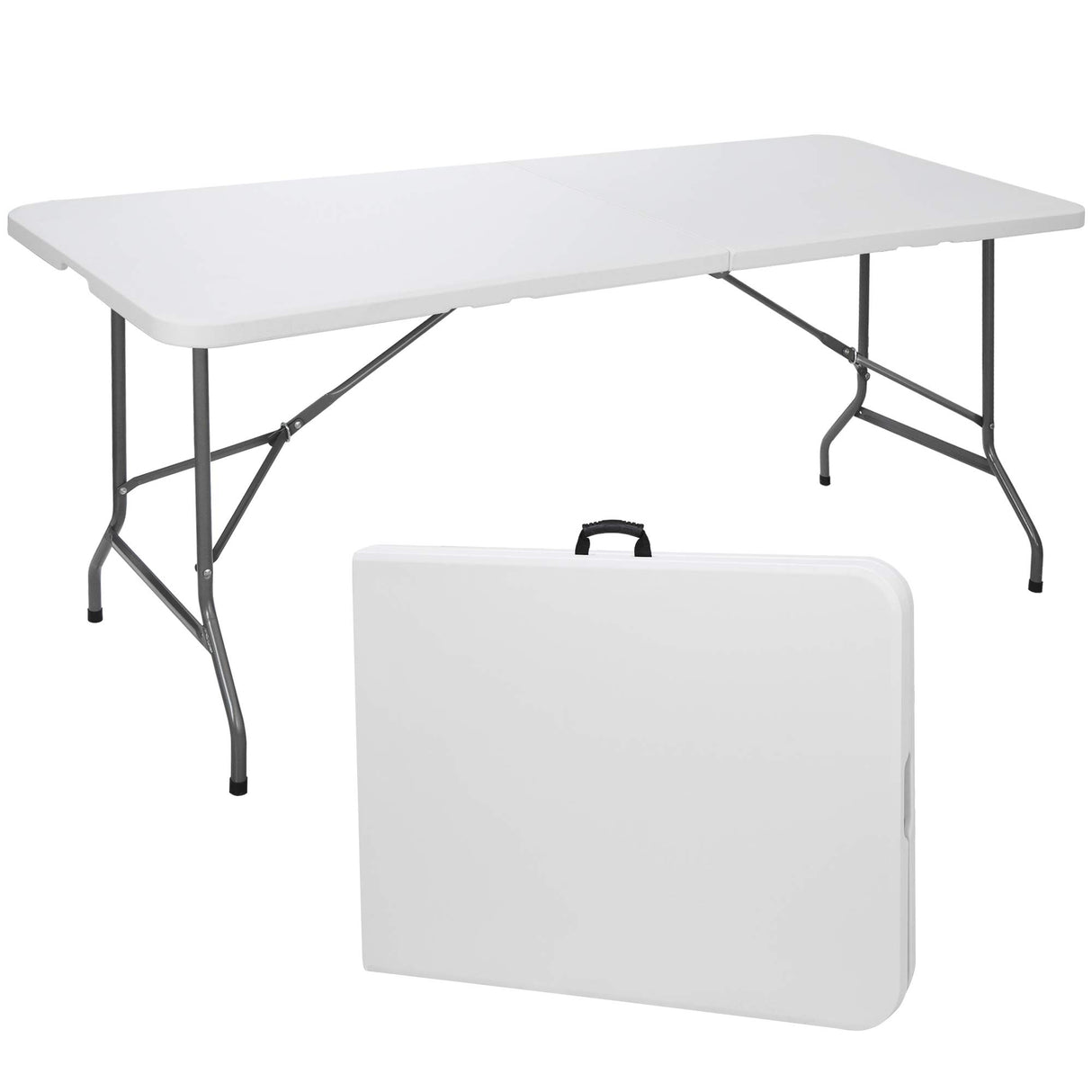 SUPER DEAL 6FT Folding Table for Indoor Outdoor, Portable Heavy Duty Fold-in-Half Plastic Dining Picnic Party Camping Table with Carrying Handle SUPER DEAL