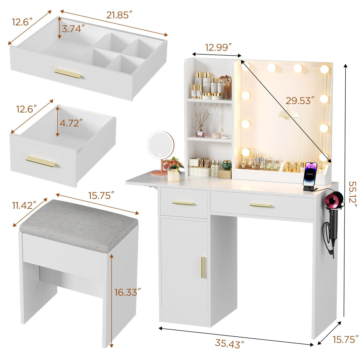 ERLEJIA Vanity Desk with Mirror and Lights & Extral Foldable Desk, 35.43"-43.3" Makeup Vanity Table with Stool and Plug Strip, 5 Drawers and and Open Shelves Dressing Table for Bedroom, White ERLEJIA