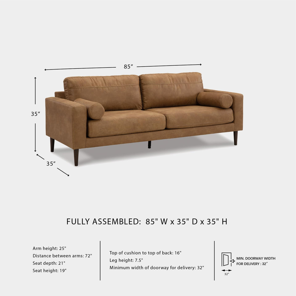 Signature Design by Ashley Telora Modern Faux Leather Sofa with 2 Bolster Pillows, Dark Brown Signature Design by Ashley