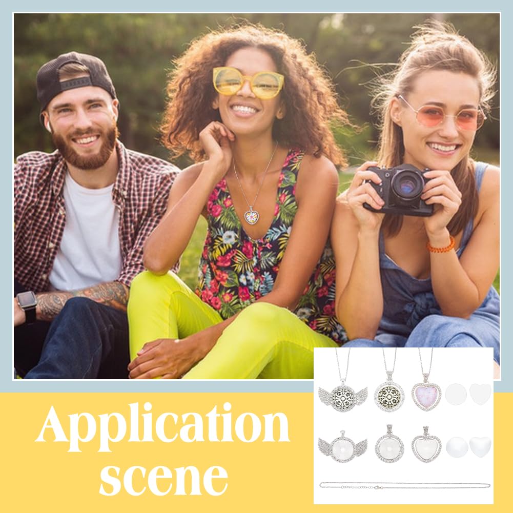 PH PandaHall 6 Sets Sublimation Rhinestone Tray Pendants, 3 Style Double Sided Pendant Blank Wing Heart Round Bezel Trays with Sublimation Blanks and Cabochons for Christmas Necklace Jewelry Making PH PandaHall