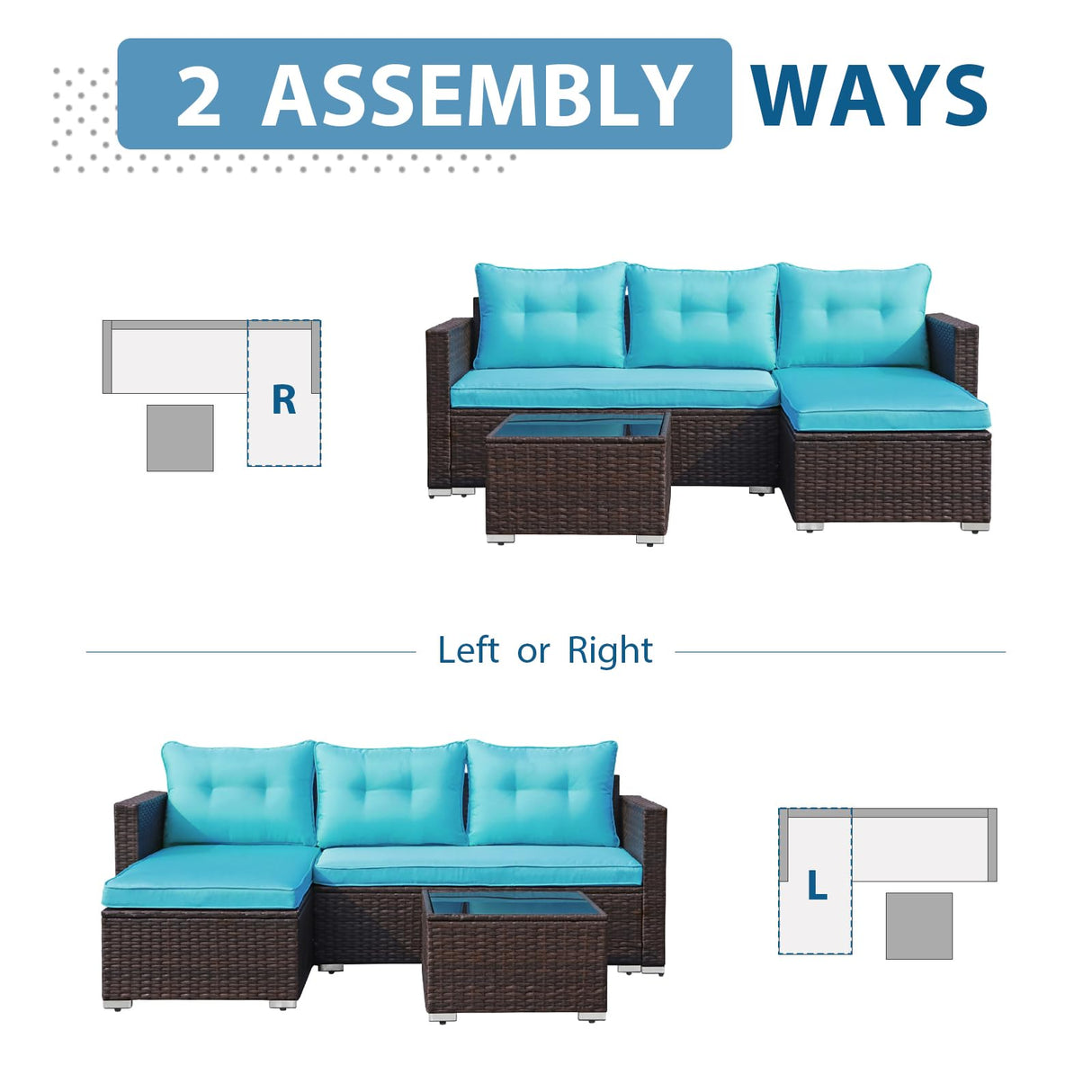 JOIVI Outdoor Wicker Sectional Furniture Set, 3 Piece Patio Furniture with Tempered Glass Coffee Table, Turquoise JOIVI