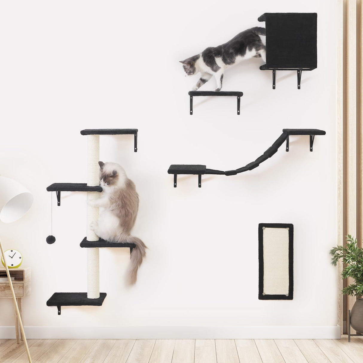 Modern Wall-Mounted Cat Furniture - 5pcs Cat Wall Shelves, Stable Wooden Cat Climber with Cat House, Bridge, Tree, Steps, and Scratcher - Black ESOTTE