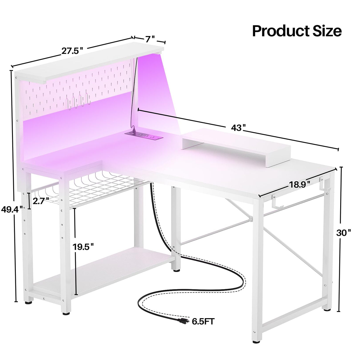 Homieasy Small Gaming Desk with Power Outlets Pegboard LED Light, 43 Inch L Shaped Computer Desk with Monitor Stand Storage Shelves, Reversible Corner Desk with Headset Hooks, White Homieasy
