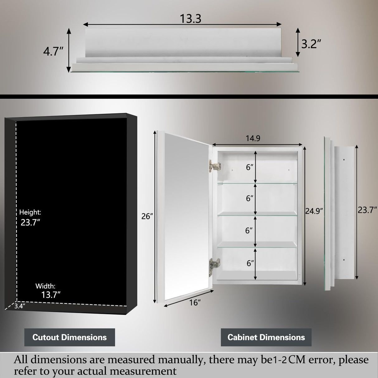 HESONTH Medicine Cabinet with Mirror, 16x26 Inch Frameless Bathroom Cabinet, 3-Tier Tempered Glass Shelves, Recessed or Surface Mount, Waterproof Storage for Bathroom Bedroom Kitchen HESONTH