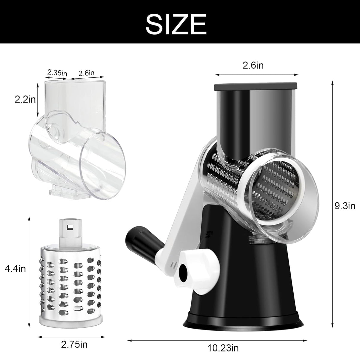 Cambom Rotary Cheese Grater Hand Crank Cheese Shredder for Fresh Cheese, Vegetable, Nuts,Non-slip Suction Base, Free Cleaning Brush Three Blades, Black Cambom