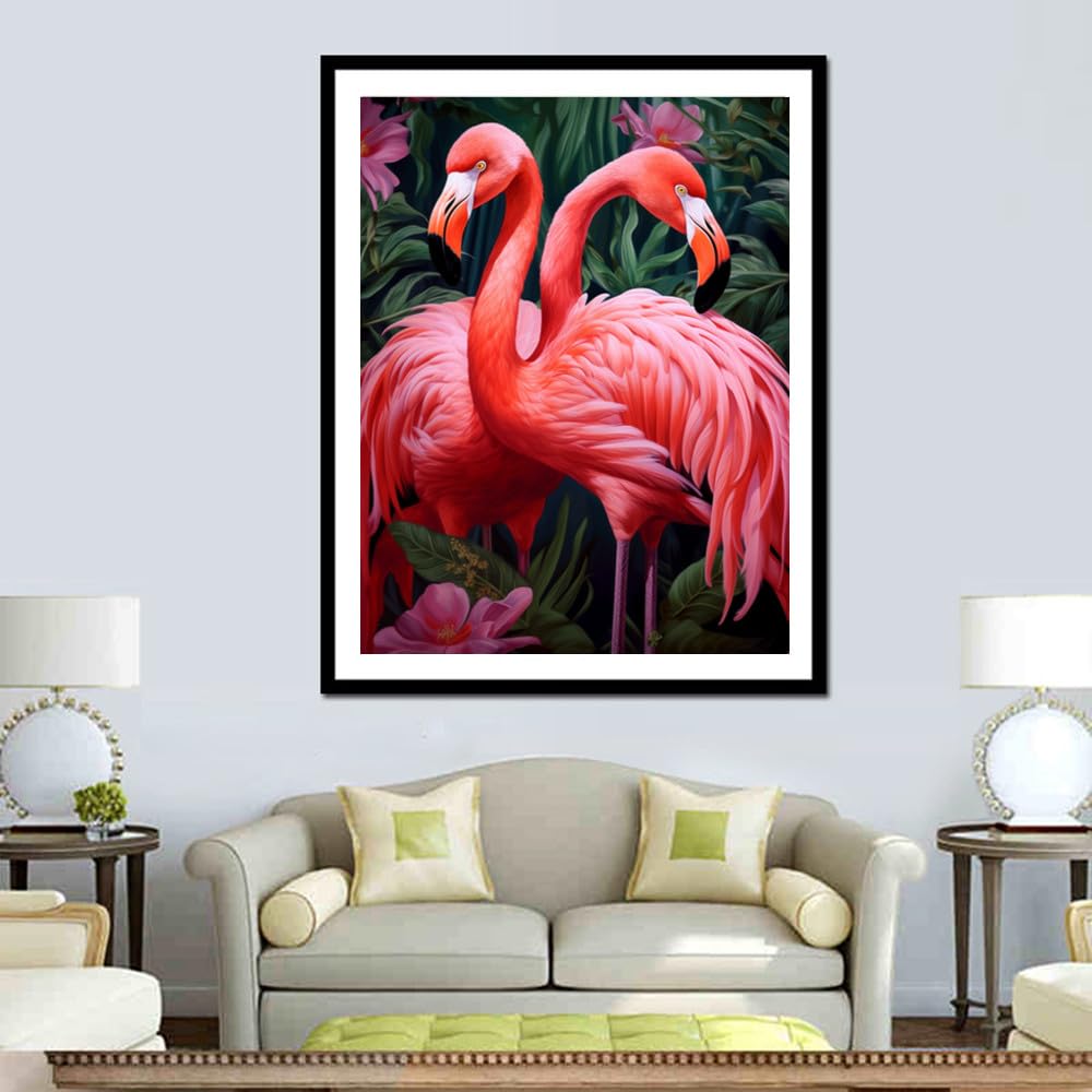 pigpigboss Flamingo Diamond Painting Art Kits, 5D Full Round Drill Flower Flamingo Diamond Dots Arts Crafts for Adult Beginner Home Office Wall Decor (11.8 x 15.7 inches) pigpigboss
