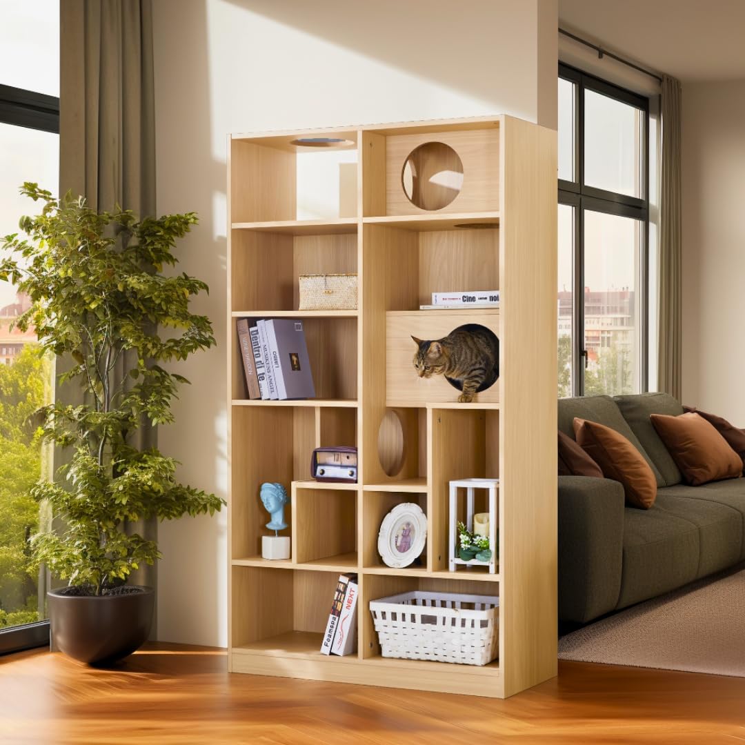 Muelartique Modern 2-in-1 Cat Tree Bookshelf with Litter Box Enclosure, 63.5" Tall Multi-Level Cat Climbing Shelves with Storage, Cat Furniture for Indoor Cats, Natural Muelartique