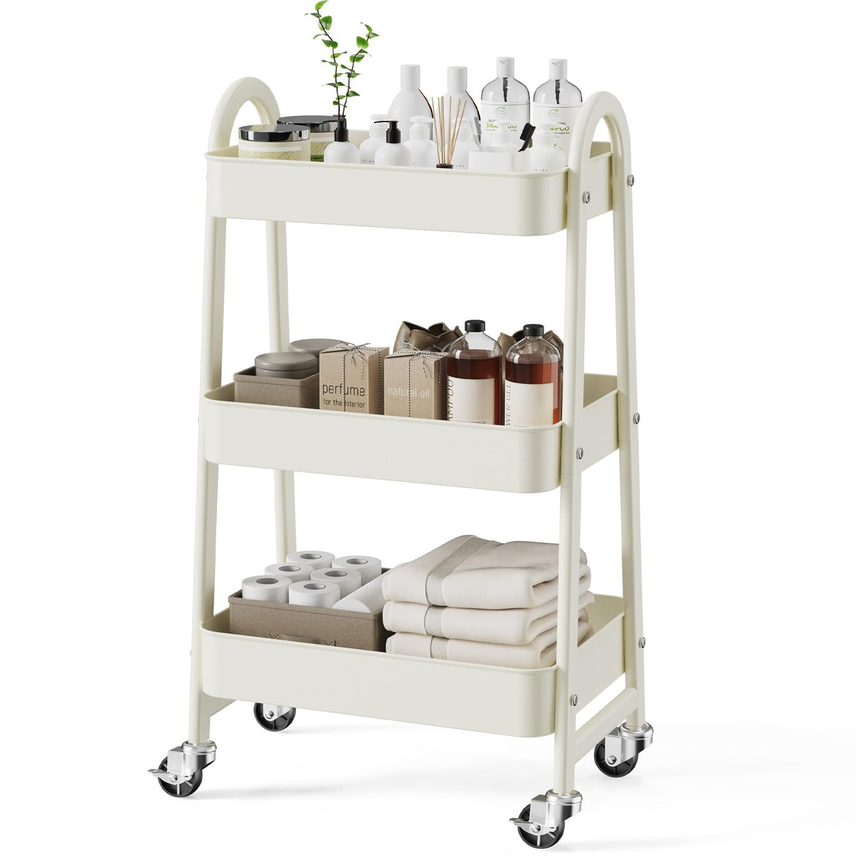 SMUG 3 Tier Rolling Cart - Metal Utility Carts on Lockable Caster Wheels, Mobile Storage Shelves Organizer for Livingroom, Bathroom, Kitchen, Bedroom & Narrow Places, White SMUG