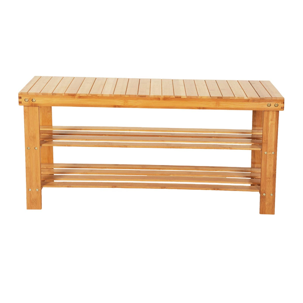 Lestar Spa Shower Patio Bench Stool with Strip Pattern 3 Tiers Storage Shelves Stand Organizer, Natural Bamboo Wood Bathing Benches Shoe Rack, Size 35.5"(W) x 11"(D) x 18"(H) Lestar