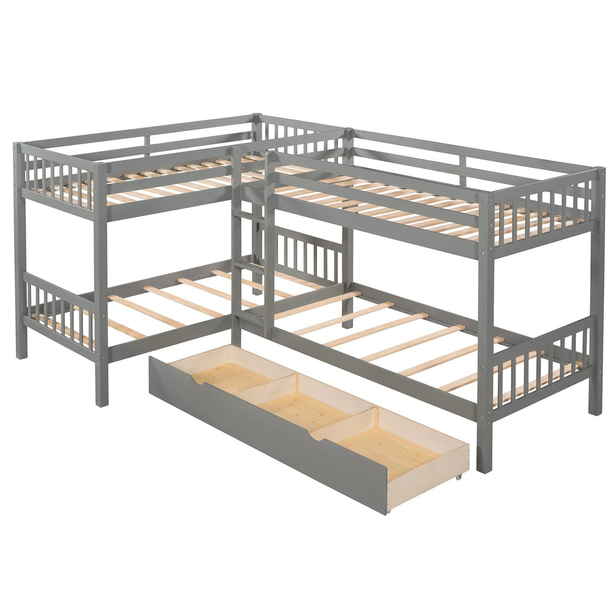 L-Shaped Bunk Bed with Drawers, Bunk Bed for 4 Twin Over Twin for Boys Girls Kids Teen Wood Quad Bunk Beds Frame, Gray Bellemave