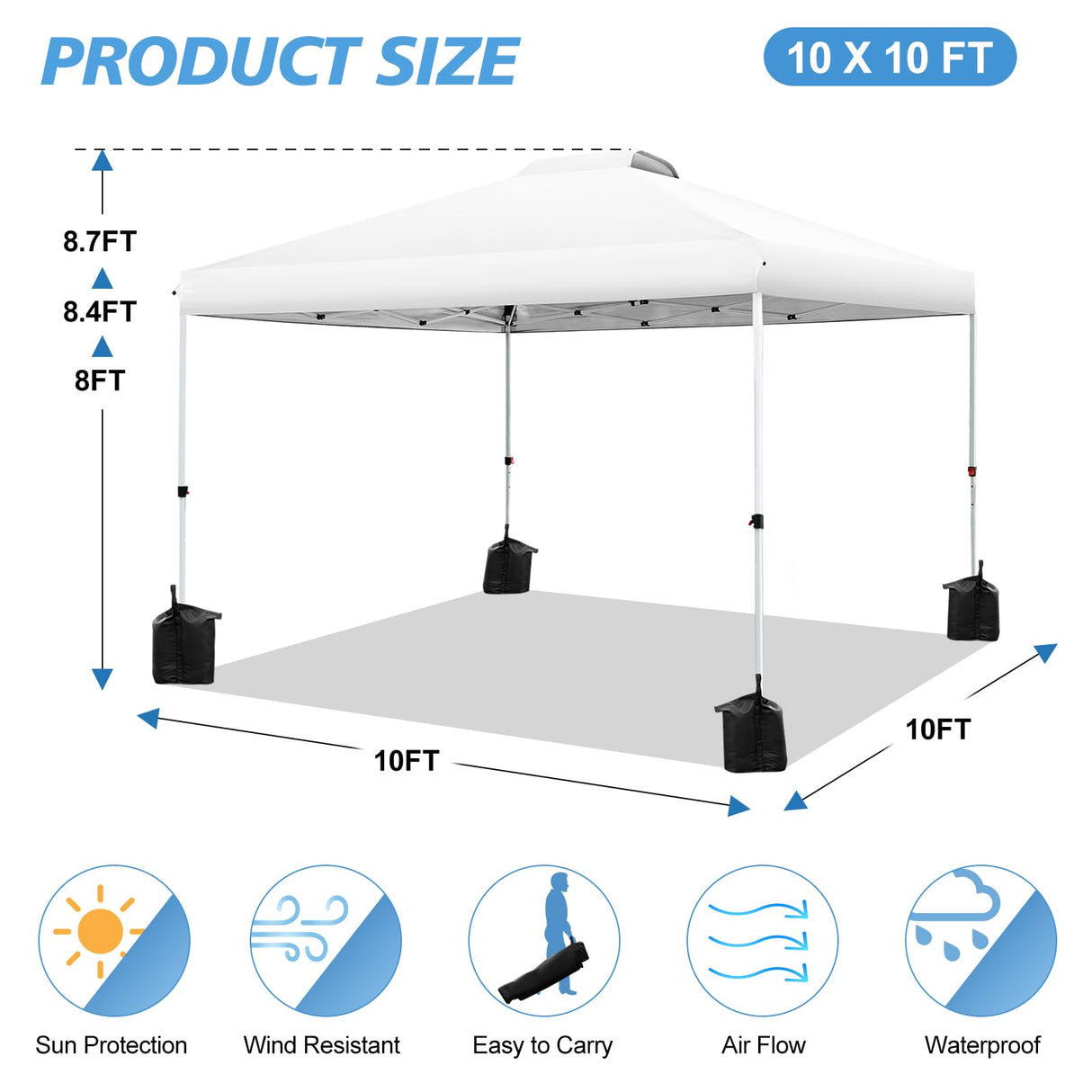 WEIZE Pop up Canopy Tent 10x10ft, 1-Button Push Setup, Instant Portable Shelter, Adjustable Height, Portable Roller Bag, 4 Weight Bags, Guy Ropes & Stakes Included, White WEIZE