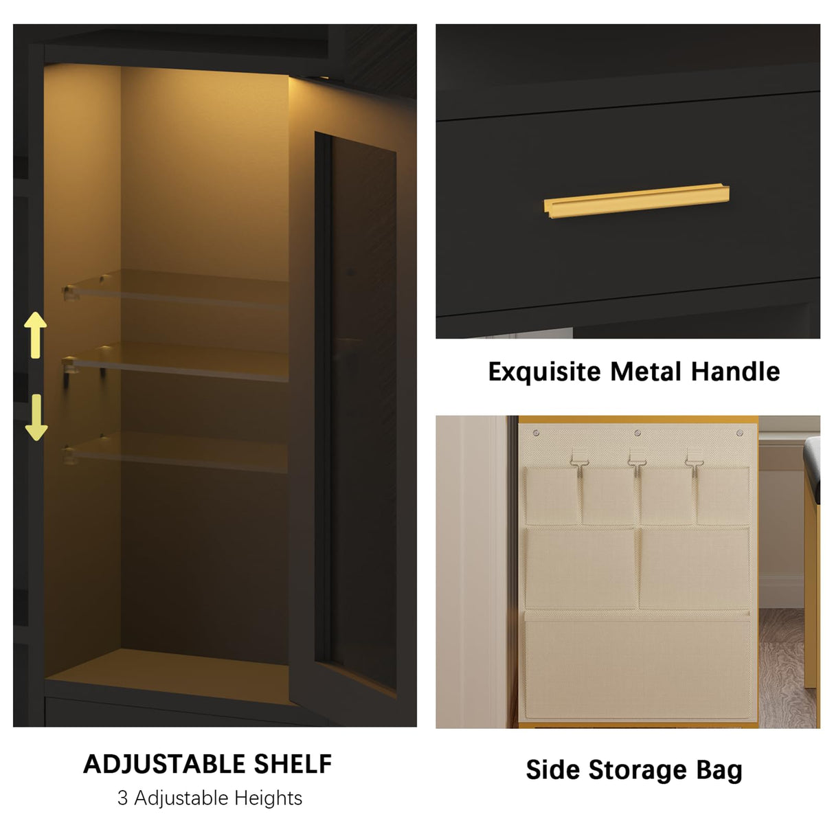 Makeup Vanity Table Set with LED Lights & Charing Station, Large Make up Vanity Desk with Mirror and Lights, Dressing Vanity Table with Nightstand & Soft Stool, Black Vanity with Drawers & RGB Cabinet CSZZD