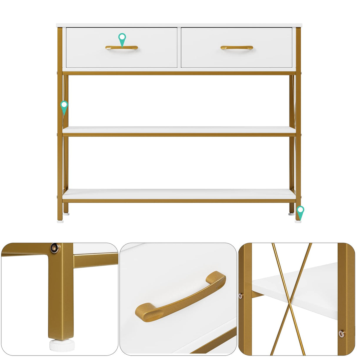 HITHOS Industrial Console Table with Drawers, Vintage Hallway Foyer Table with Storage Shelves, Narrow Long Sofa Entryway Table for Living Room, White/Gold HITHOS